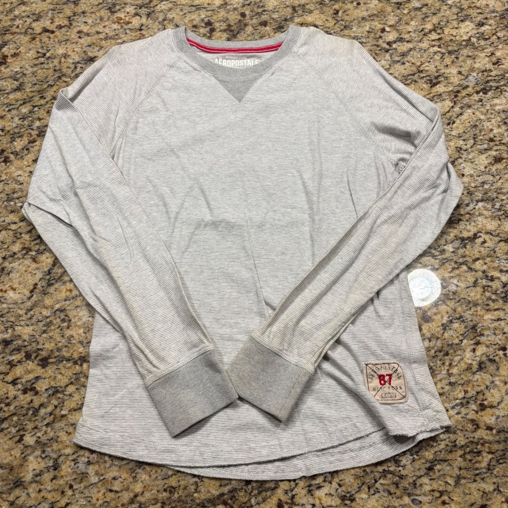 Aeropostale Mens Grey Striped Long Sleeve Thermal Shirt Crew Neck Size M v